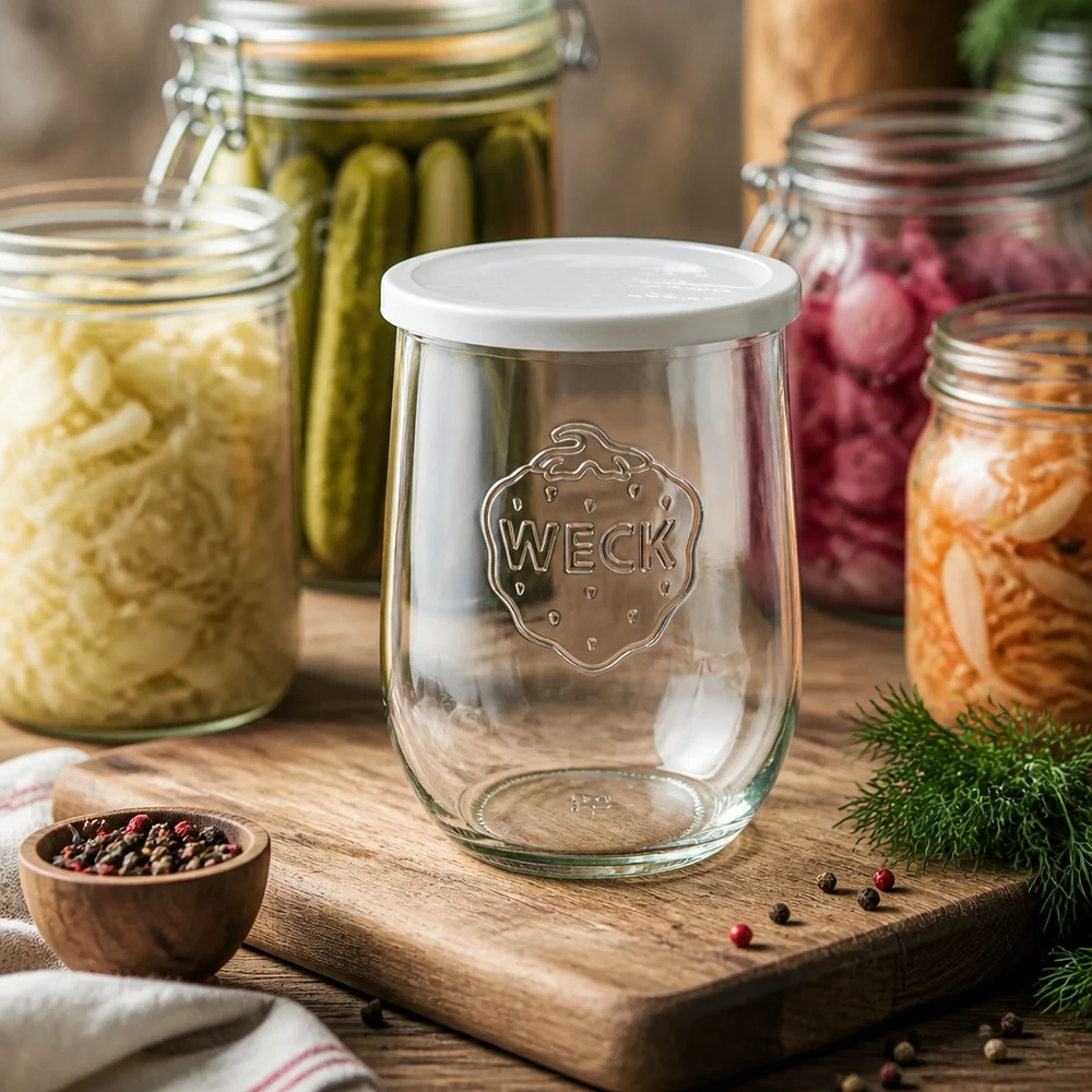 Barattolo a tulipano da 1062 ml con coperchio salvafreschezza WECK RR100 Vaso a tulipano WECK 1062ml RR100 vuoto con coperchio bianco su tavola di legno circondato da barattoli da conserva pieni di verdure e spezie