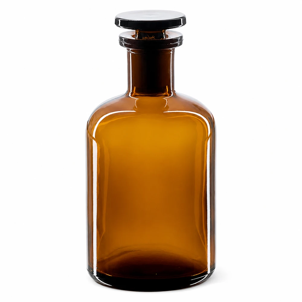 Fiaschetta marrone a spalla arrotondata da 100 ml con tappo in vetro, a collo stretto, realizzata in vetro da laboratorio di alta qualità