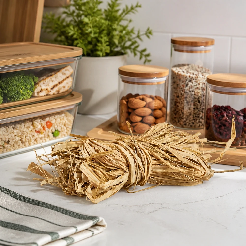 La rafia naturale 30g beige dorato sul piano di lavoro della cucina con vasi portaoggetti mostra idee pratiche per l'organizzazione e la decorazione della cucina