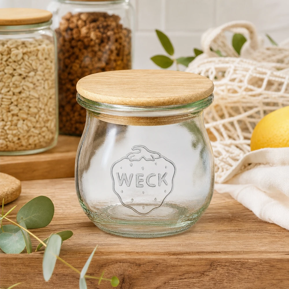 WECK barattolo tulipano 75ml RR40 vuoto con coperchio in legno in cucina sostenibile tra barattoli e reti per la spesa