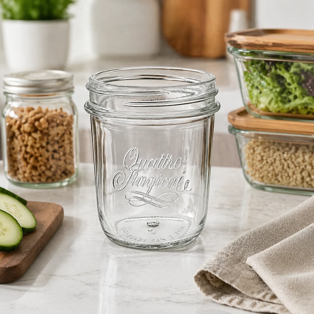 Bicchieri "Quattro Stagioni" da 320 ml QS86mm Quattro Stagioni Sturzglas 320ml auf Küchentheke mit Lebensmitteln - elegantes Einmachglas für Vorratshaltung