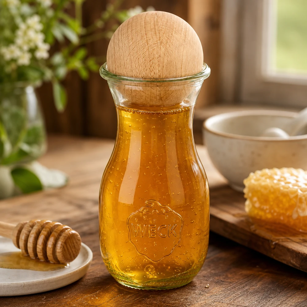 Bottiglia per succo di frutta WECK da 290 ml riempita di miele e sfera in legno di faggio, decorata con nido d'ape e cucchiaio per il miele