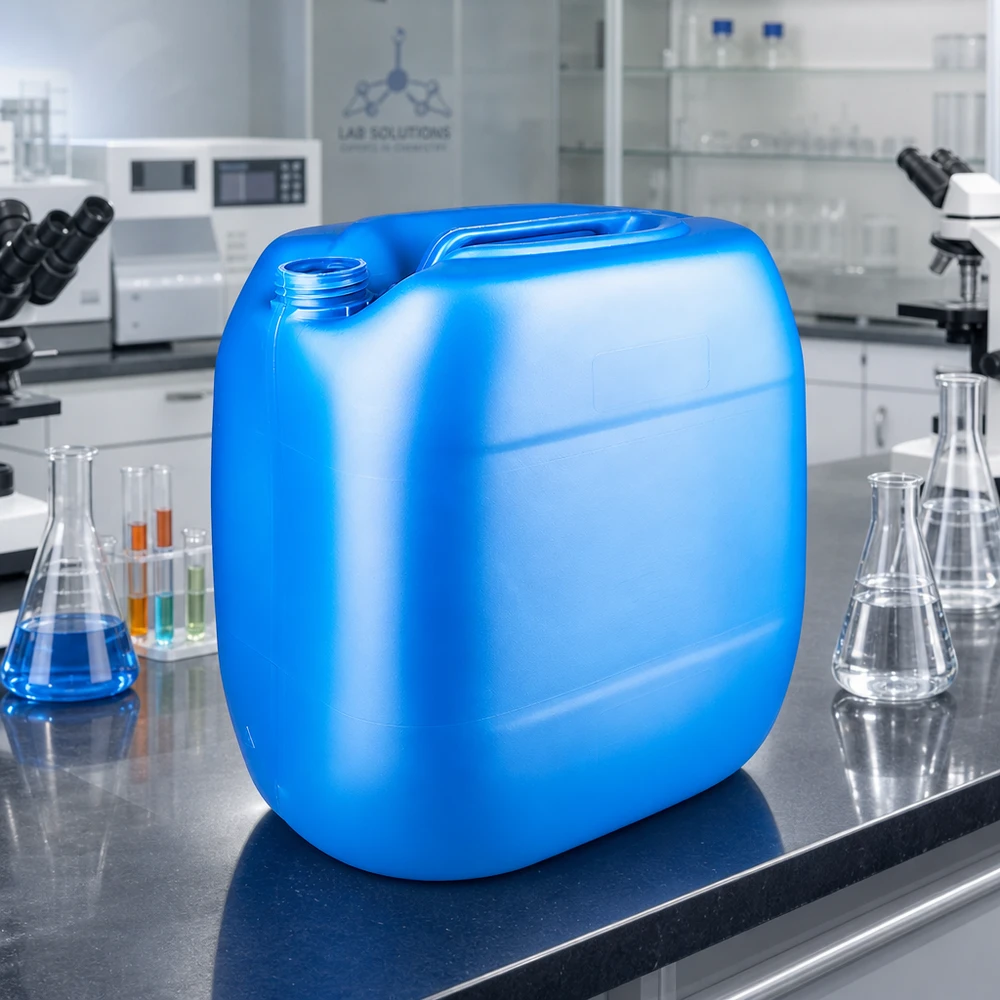Tanica 30 litri blu senza tappo Tanica rettangolare blu da 30 litri senza tappo su un tavolo da laboratorio con un matraccio di Erlenmeyer