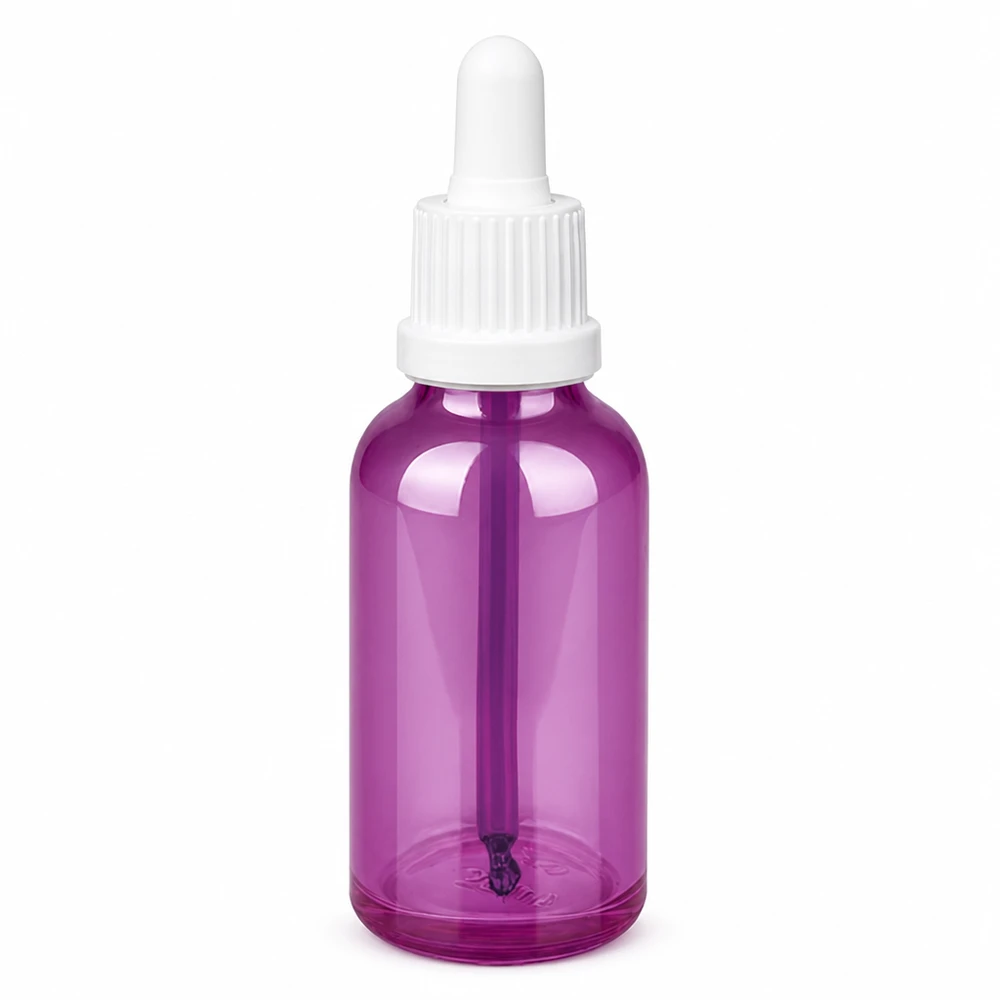 Bottiglia per pipette da 30 ml con tappo a vite bianco originalità PurpleLine UT18/30 Flacone dosatore da 30 ml in viola trendy con pipetta bianca per un'applicazione precisa