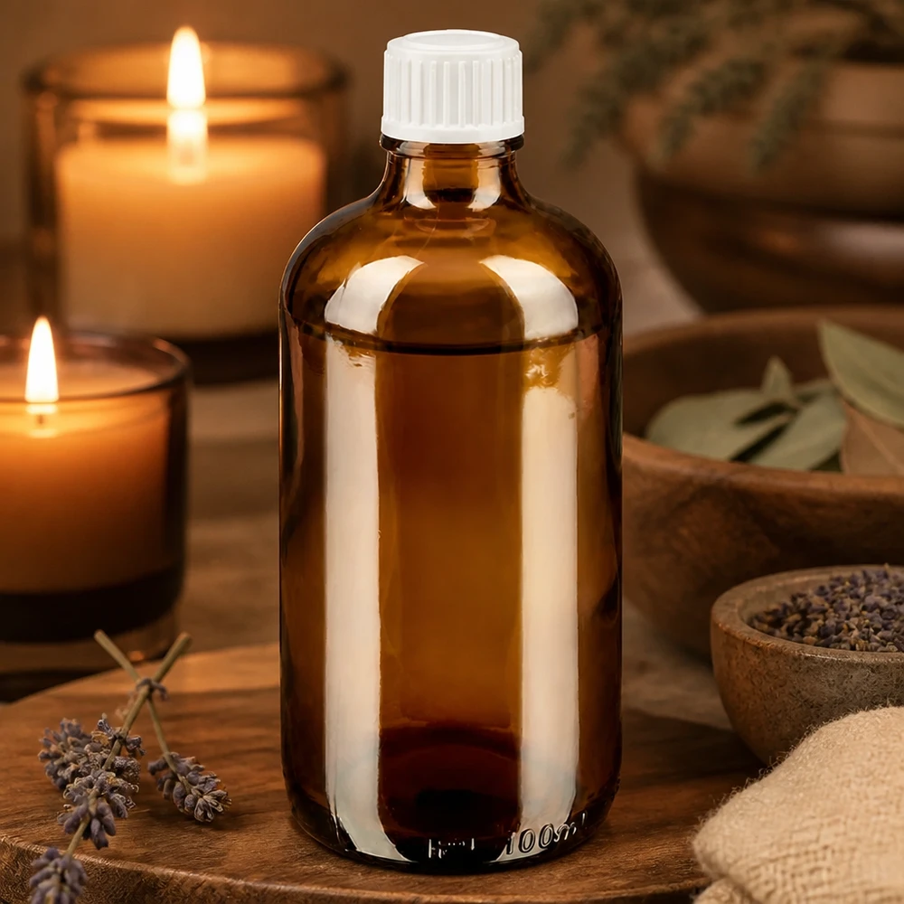 Flacone in vetro da 100 ml color ambra con tappo dosatore bianco, ideale per l'aromaterapia e la cosmesi naturale
