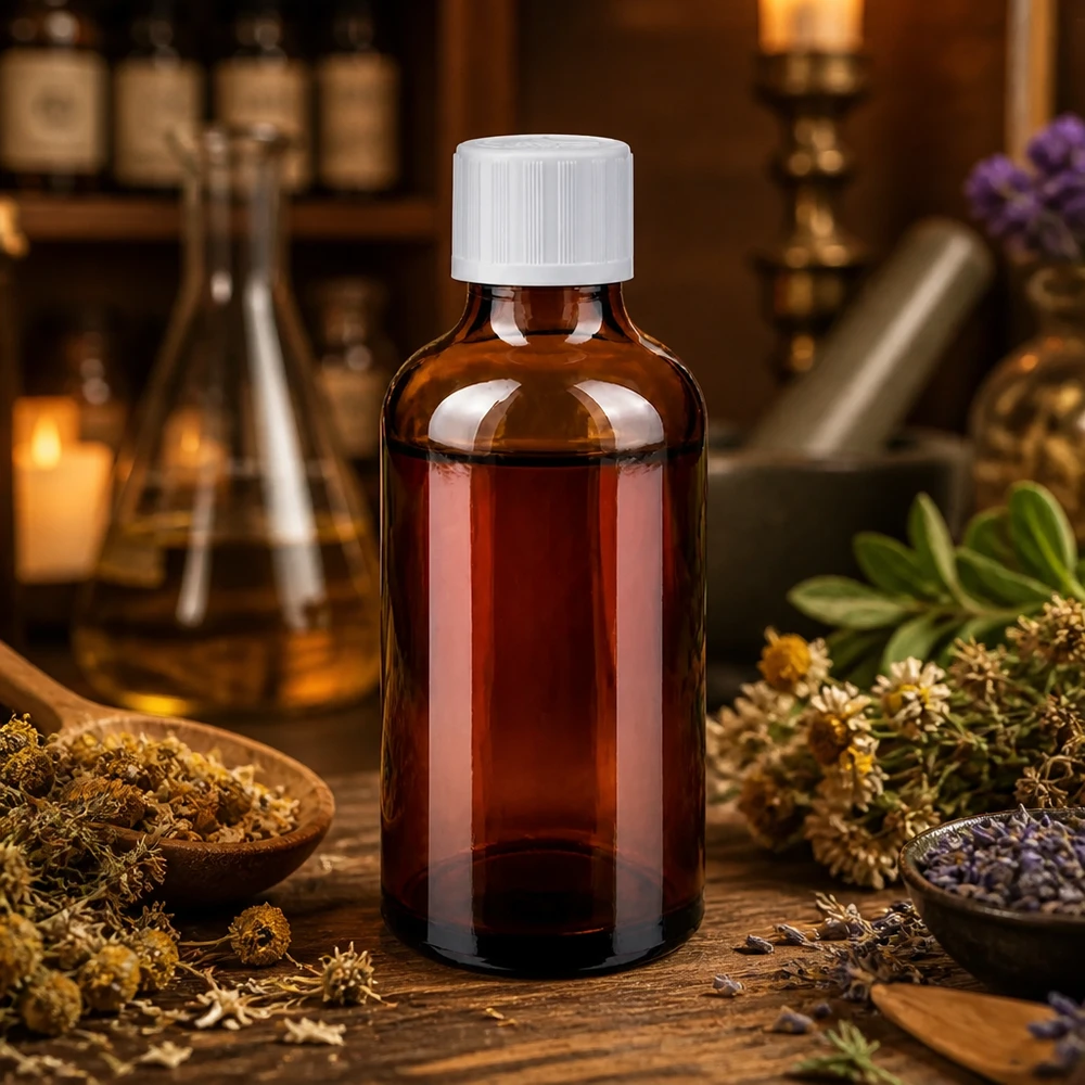 Flacone contagocce marrone da 50 ml con tappo KiSi bianco, circondato da erbe essiccate e un mortaio di legno