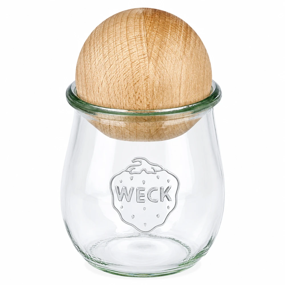 WECK vaso a tulipano 220ml RR60 con coperchio a sfera in faggio naturale, vaso da conserva trasparente con coperchio in legno