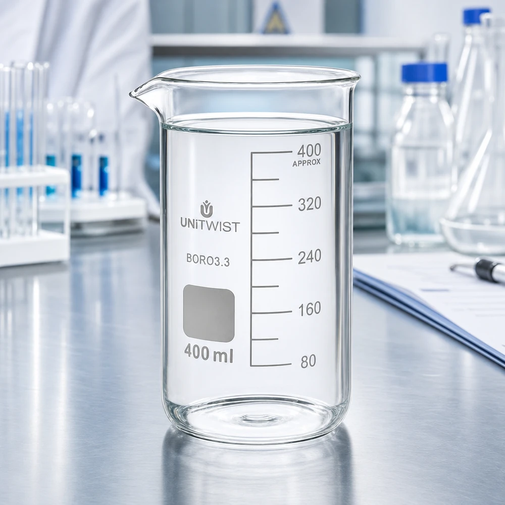 Bicchiere da laboratorio UNITWIST da 400 ml, modello alto, con acqua limpida su un tavolo in acciaio inossidabile in laboratorio