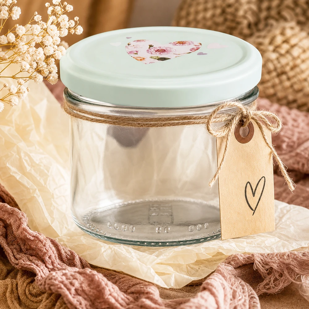 Barattolo cilindrico da 230 ml + coperchio BasicSeal cuore menta 230ml Zylinderglas mit mint Herzdeckel romantisch dekoriert mit Juteband Geschenkanhänger und Trockenblumen
