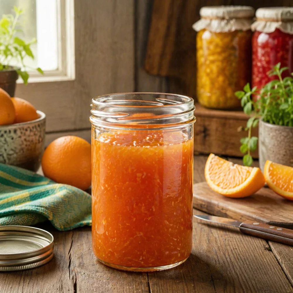 UNiTWIST Sturz435 - Bicchieri capacità 435ml TO82 UNiTWIST Sturz435 vaso per conserve da 435 ml riempito di marmellata di arance fatta in casa in una cucina rustica con arance fresche
