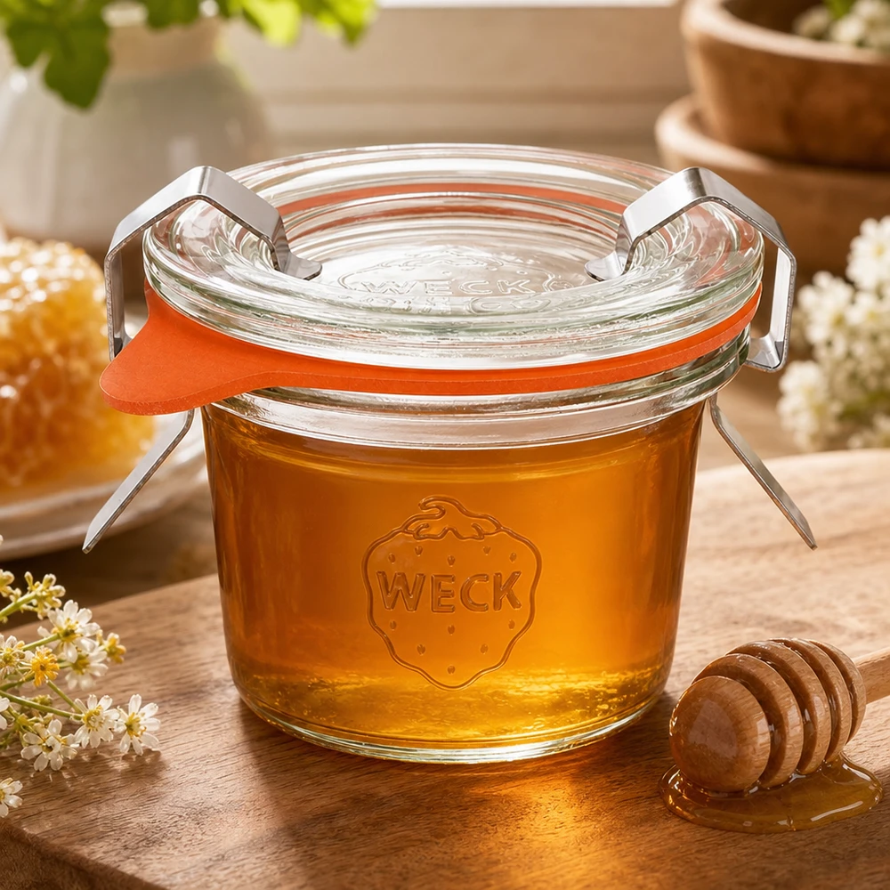 Bicchieri da 35ml completi WECK RR40 WECK Sturzglas 35ml RR40 mit goldenem Honig gefüllt neben Honiglöffel und Waben zeigt natürliche Lagerung