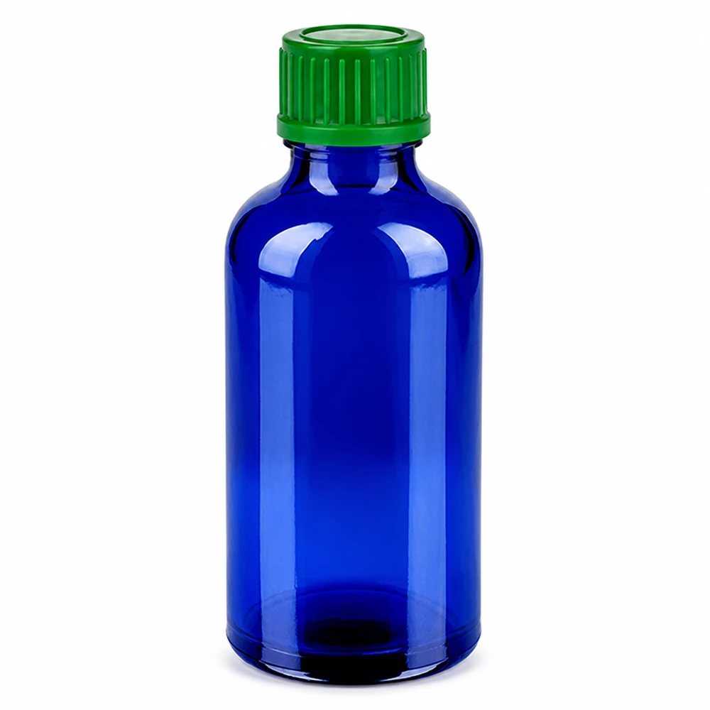 Flacone da 50ml 11mm SV verde STD BlueLine UT18/50 Flacone da farmacia da 50 ml blu con tappo di sicurezza verde per preparazioni liquide