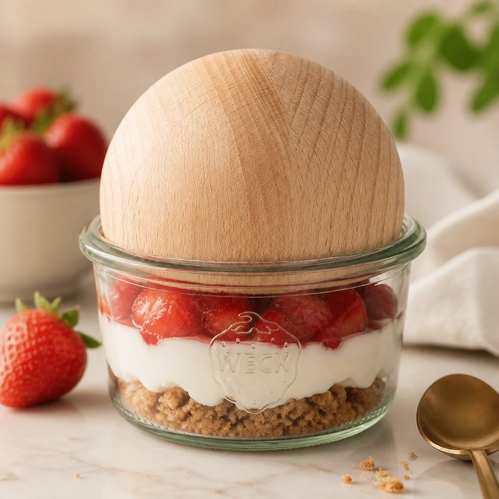 Bicchieri WECK RR80 da 165 ml con sfera in legno di faggio WECK RR80 Bicchieri da 165 ml con sfera in legno di faggio come vaso da dessert per dessert a strati di fragole su un piatto di marmo