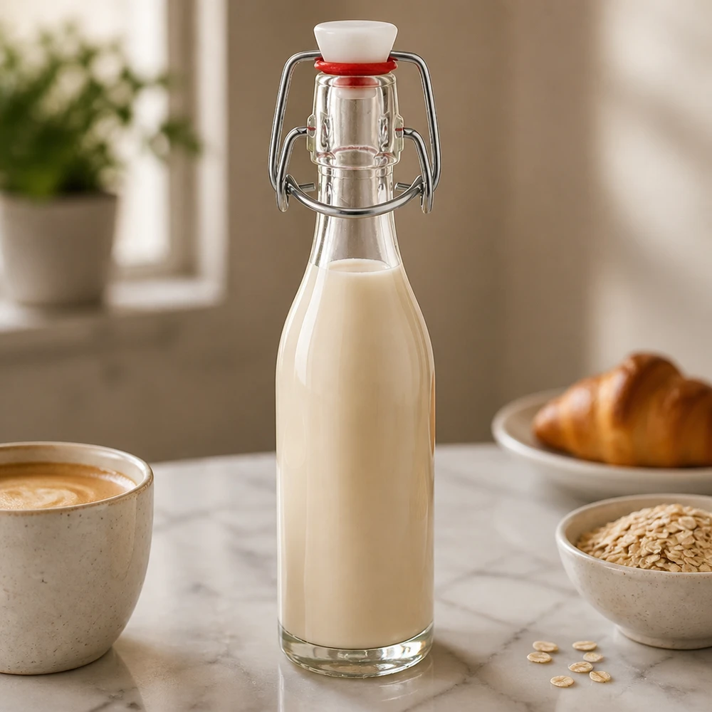 Bottiglia di vetro da 50 ml con tappo oscillante riempita di latte d'avena in una cucina accogliente, accanto a una tazza da caffè e a fiocchi d'avena