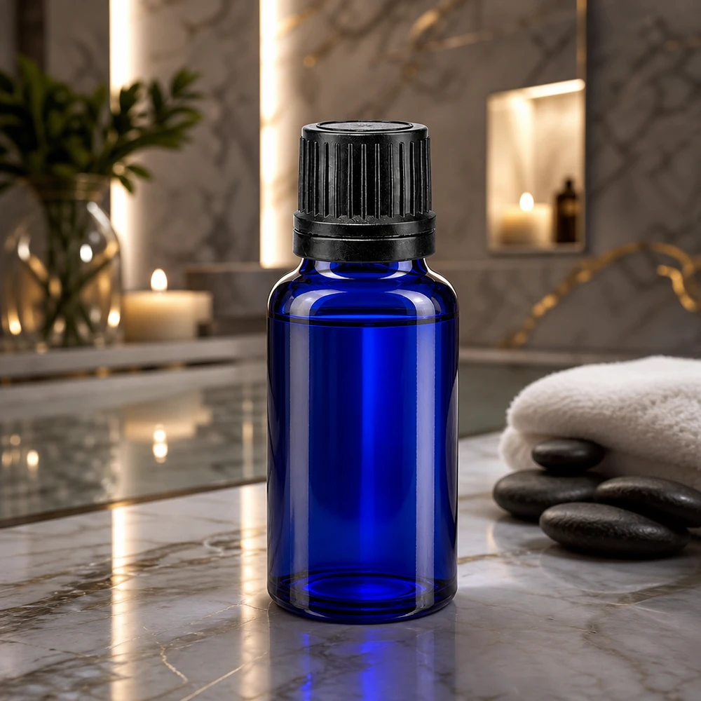 Flacone contagocce in vetro da farmacia blu da 20 ml con tappo nero OV su un elegante vassoio in marmo nella spa
