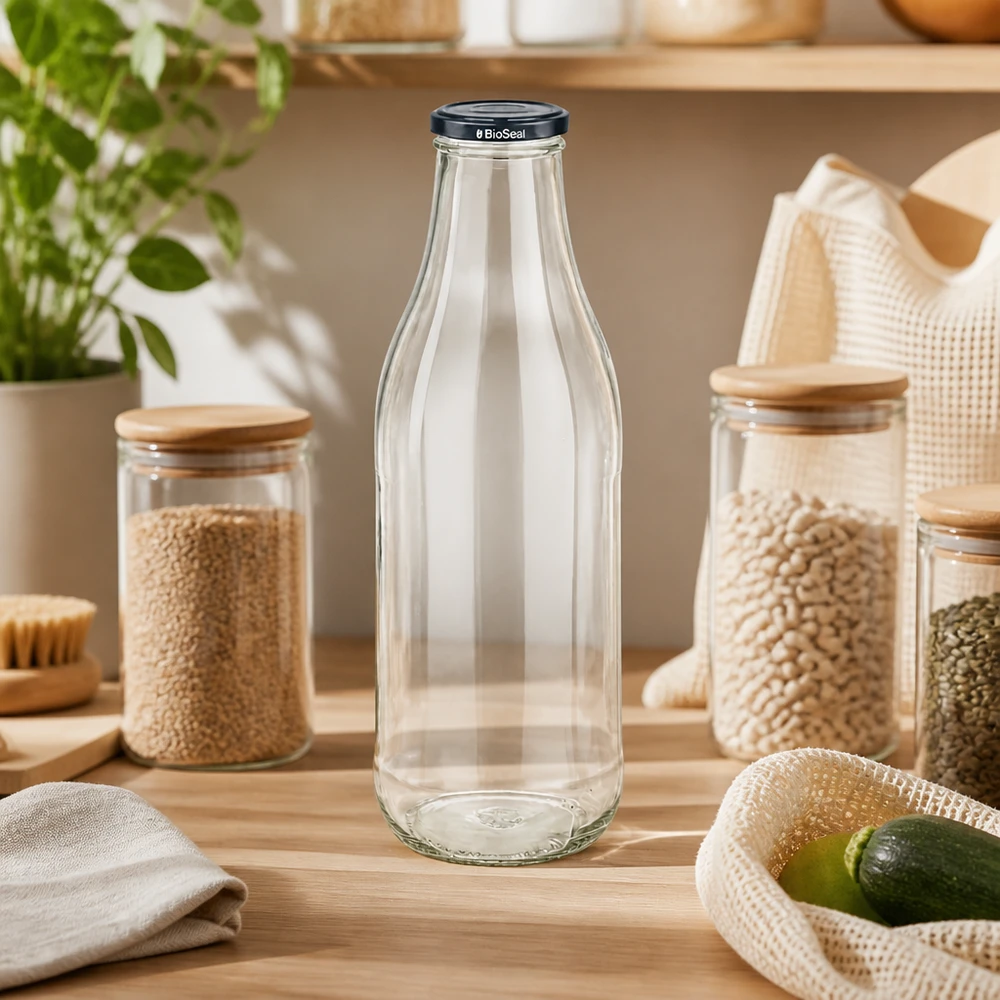Bottiglia di vetro da 1000 ml + coperchio BioSeal nero UN.. 1000ml Glasflasche BioSeal Deckel Zero Waste Küche Hülsenfrüchte Vorratshaltung nachhaltige Küchenorganisation