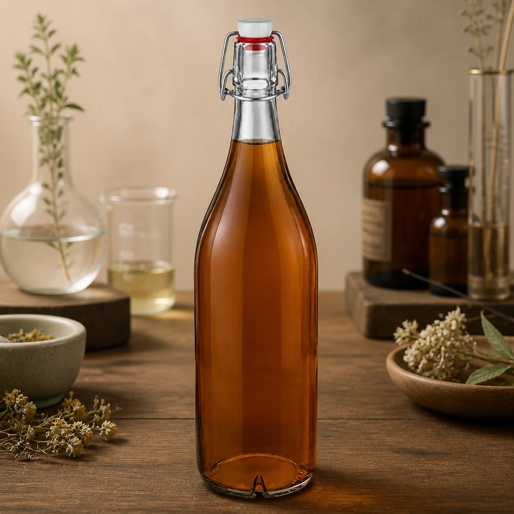 Bottiglia in vetro da 1000 ml con tappo a battente in PVC color ambra riempita di tisana decorazione naturale tavolo in legno