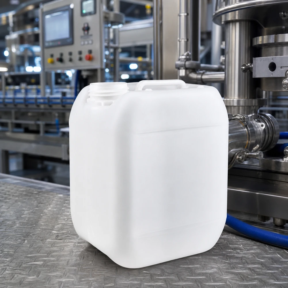 Tanica rettangolare in plastica da 5 litri senza tappo, prodotta in un impianto di produzione industriale