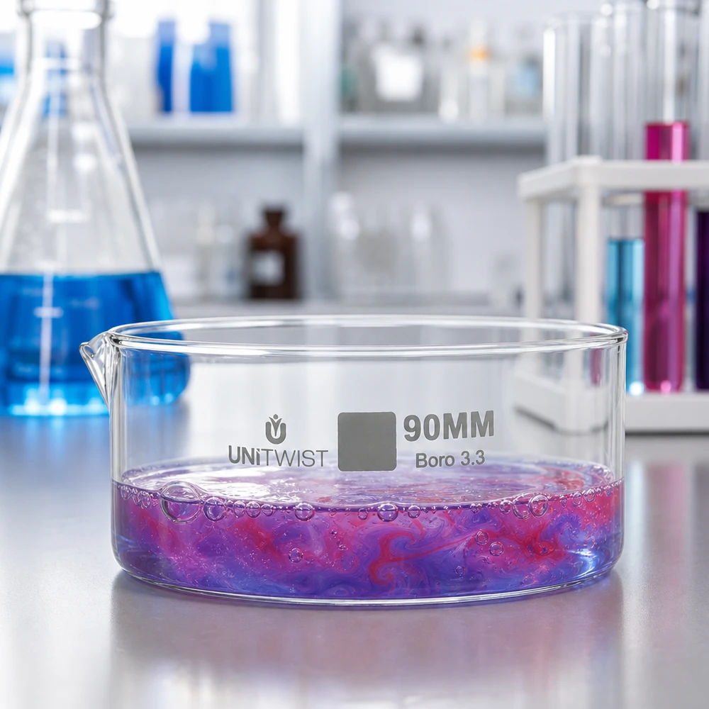 Piatto per cristallizzazione ø90 mm in vetro borosilicato UNiTWIST Vaschetta di cristallizzazione da 90 mm UNiTWIST con liquido rosso-violaceo, vetro borosilicato, esperimento di laboratorio