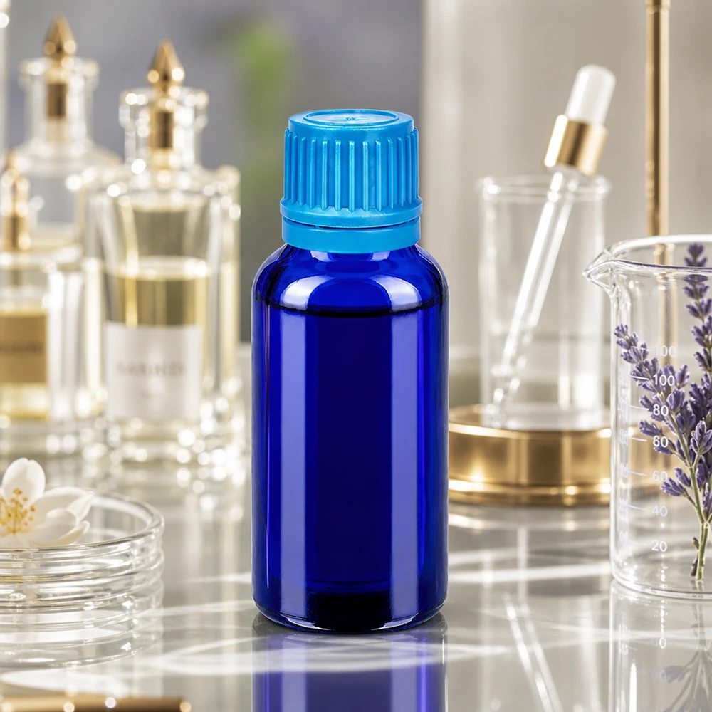 Bottiglia da 30ml 11mm SV blu OV BlueLine UT18/30 Elegante flacone in vetro da 30 ml, di colore blu intenso, come richiamo decorativo sullo scaffale