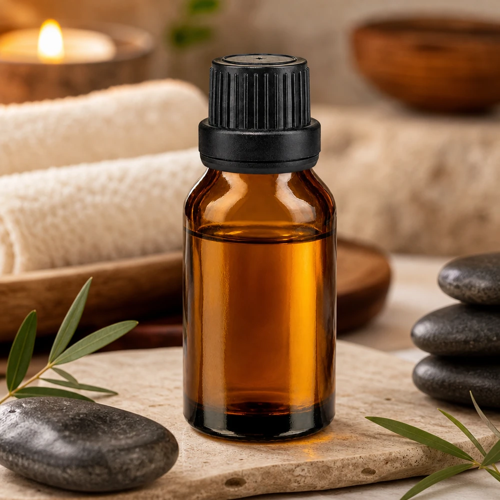 Flacone di vetro marrone da 30 ml con tappo di sicurezza nero, tra pietre per il benessere e una candela