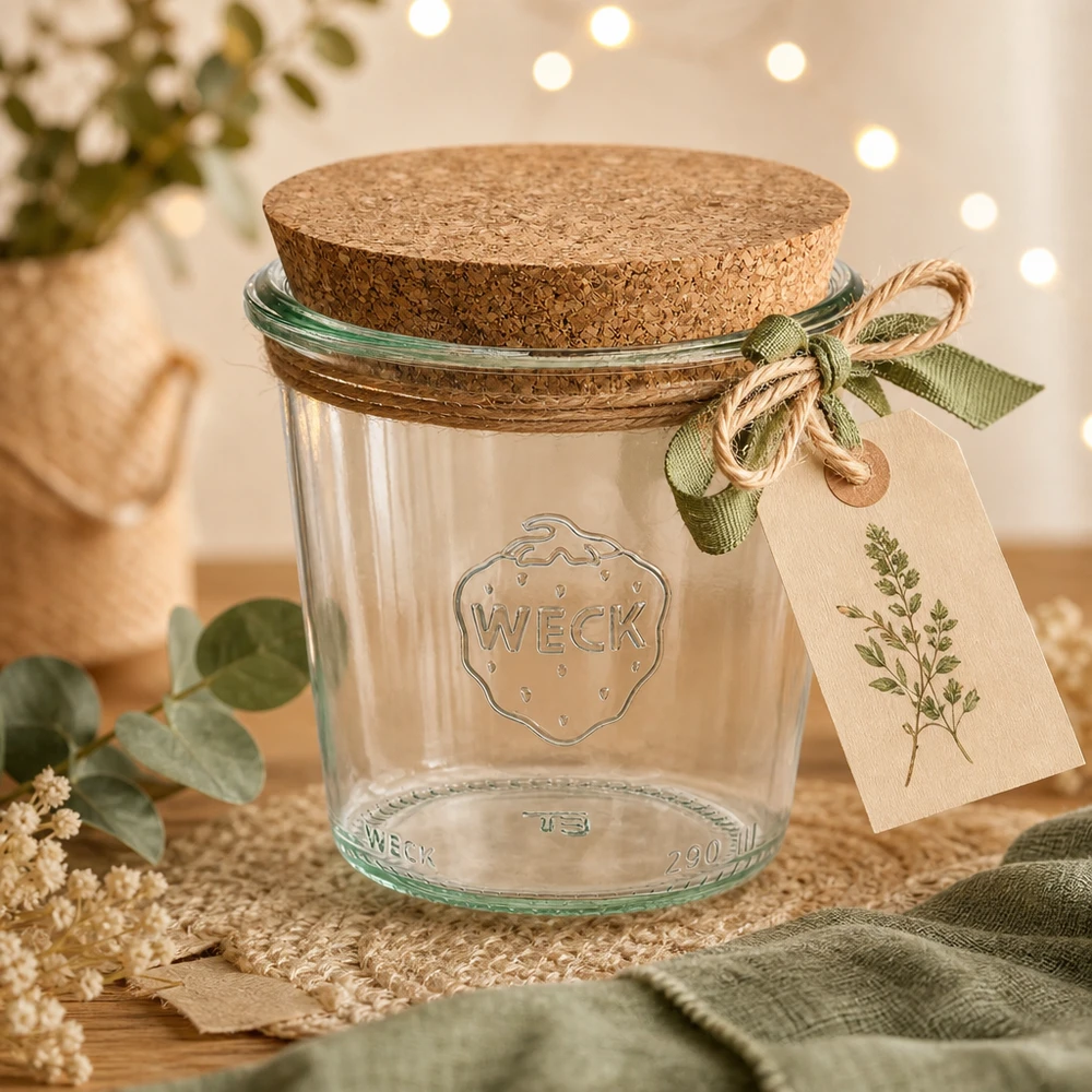 Bicchieri alti da 290 ml WECK RR80 con tappo in sughero naturale Bicchieri WECK da 290 ml RR80 decorati con etichetta regalo con coperchio in sughero e nastro verde su tavolo in legno