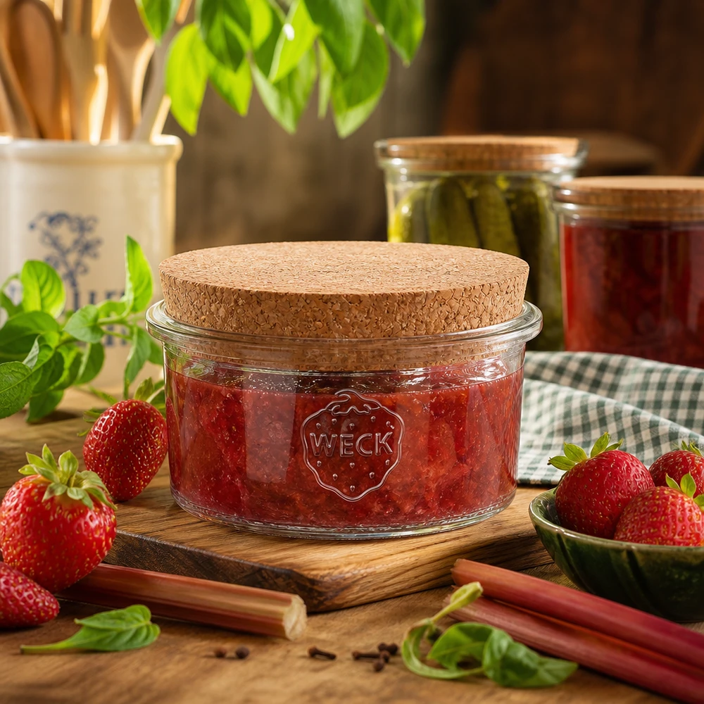 WECK barattolo per conserve 165ml RR80 riempito di marmellata di fragole Coperchio in sughero Scenario da cucina Barattolo di conservazione