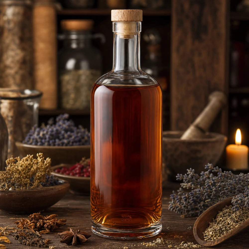 Bottiglia in vetro da 750 ml Emma con tappo in sughero con impugnatura in legno UNiTWIST® Bottiglia da 750 ml in vetro Emma con tappo in legno, riempita con liquido ambrato in un'atmosfera rustica di erbe e spezie.