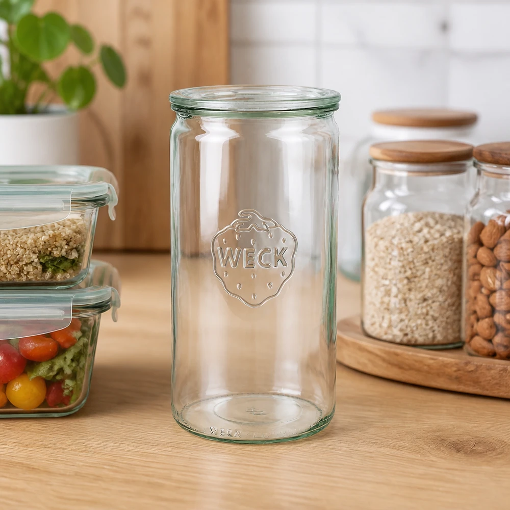 Vaso cilindrico da 1590 ml con coperchio in vetro WECK RR100 Vaso cilindrico WECK 1590ml RR100 vuoto su piano di lavoro in legno in cucina moderna con vasi di stoccaggio e piante