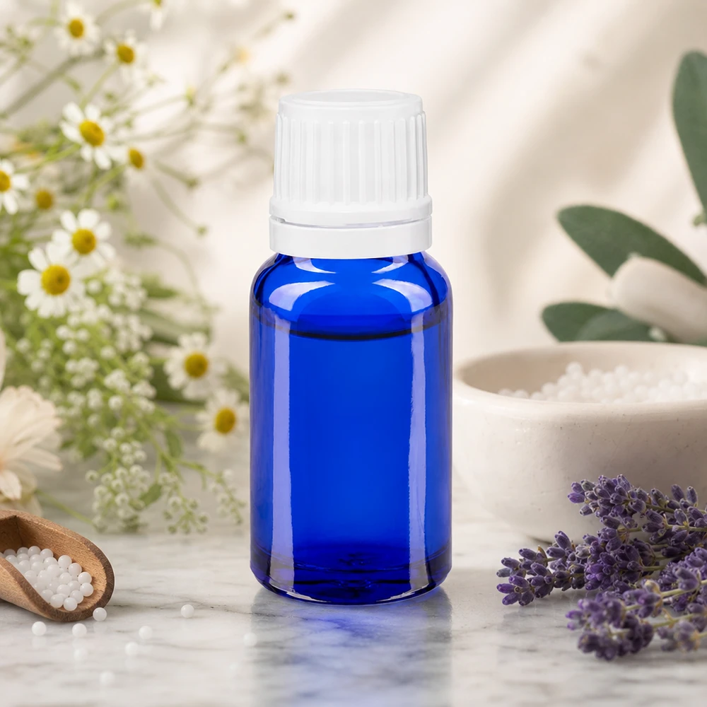 Flacone di vetro blu da 10 ml con tappo a vite bianco accanto a lavanda, camomilla e sale