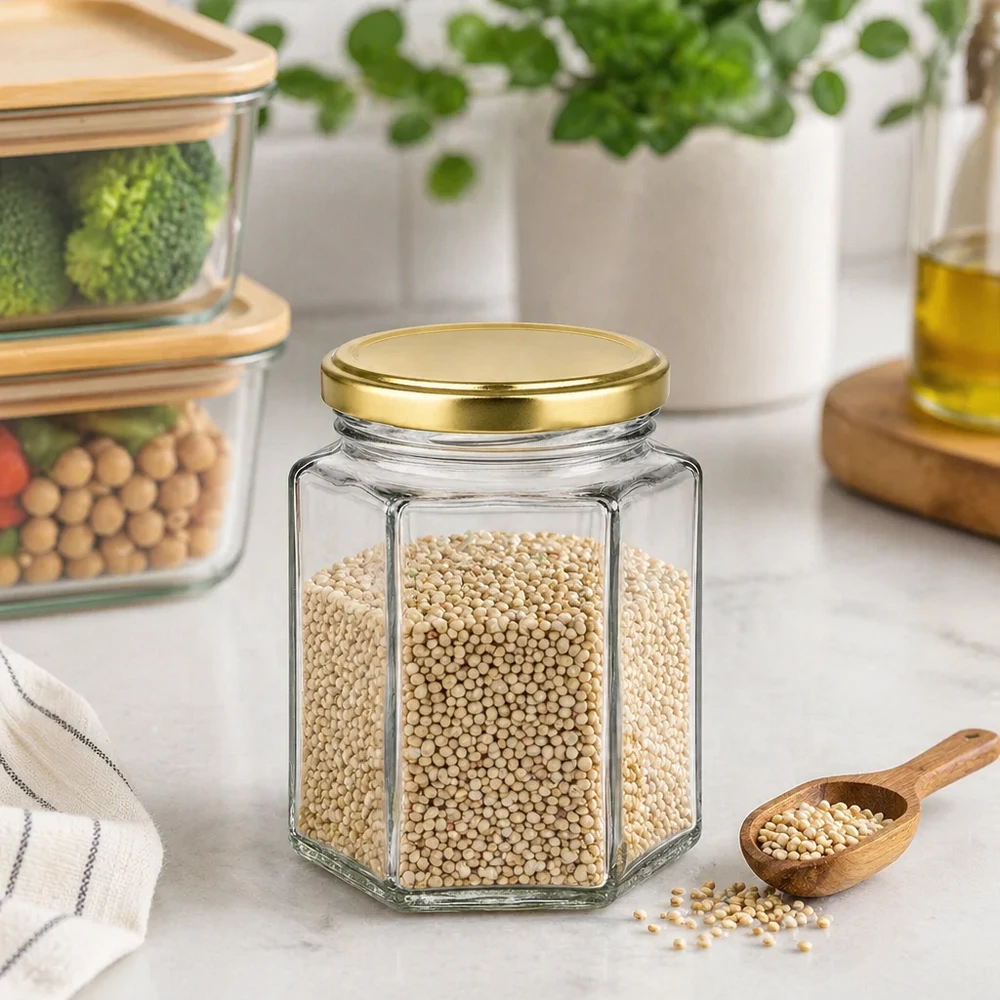 Vasetto per miele da 250 g con capsula dorata BasicSeal UNiTWIST Vaso di miele esagonale da 250 g con coperchio dorato riempito di semi in una cucina moderna come contenitore di stoccaggio