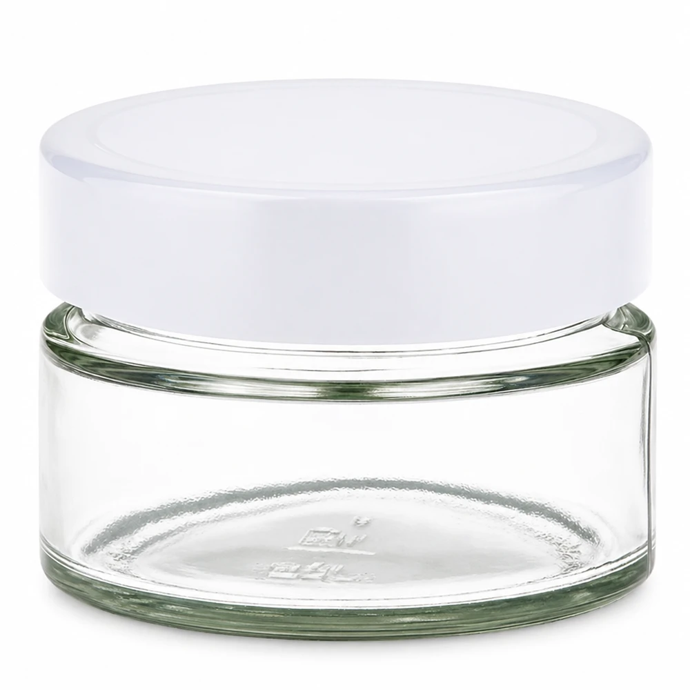 Barattolo rotondo da 130 ml con coperchio BasicSeal bianco UNiTWIST Barattolo di vetro rotondo da 130 ml con coperchio BasicSeal bianco UNiTWIST - barattolo di vetro vuoto con tappo a vite per la conservazione