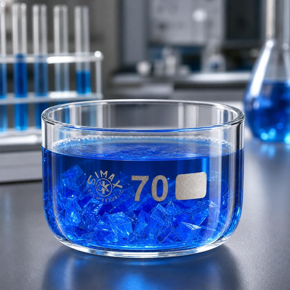 Piatto di cristallizzazione da 100 ml senza beccuccio Bo. ø70mm Vaschetta di cristallizzazione Simax da 70 mm di diametro con soluzione blu di solfato di rame e cristalli in laboratorio