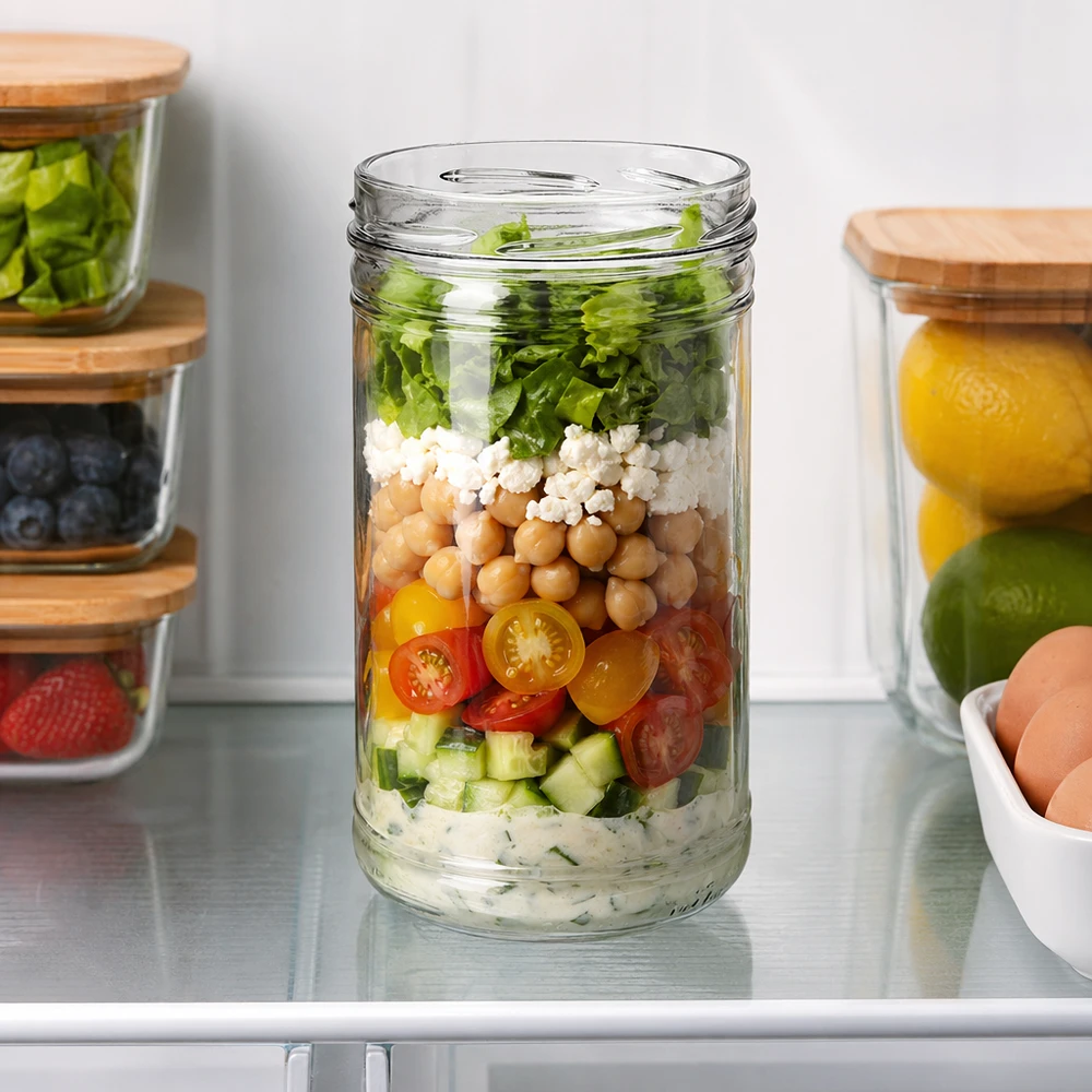 UNiTWIST Sturz1053 - Bicchieri capacità 1053ml TO100 Tumbler UNiTWIST 1053ml TO100 come barattolo per la preparazione dei pasti con insalata a strati ceci feta pomodori in frigorifero