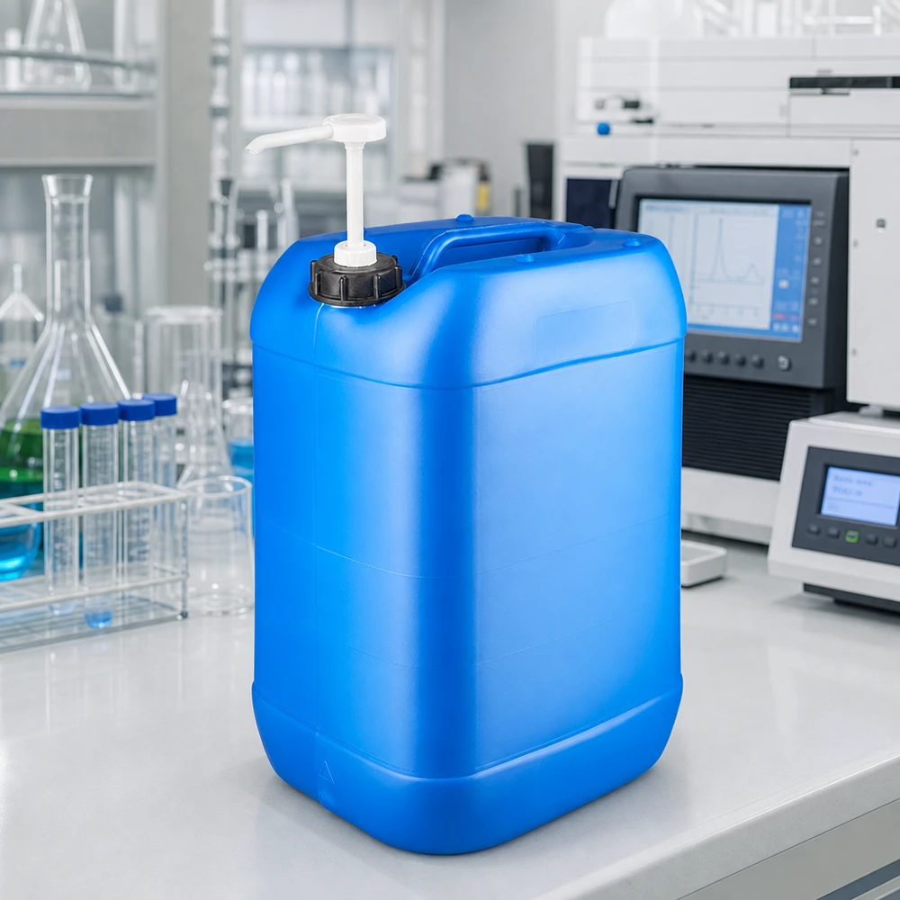 Tanica rettangolare blu da 25 litri con tappo a vite nero e pompa dosatrice bianca in laboratorio