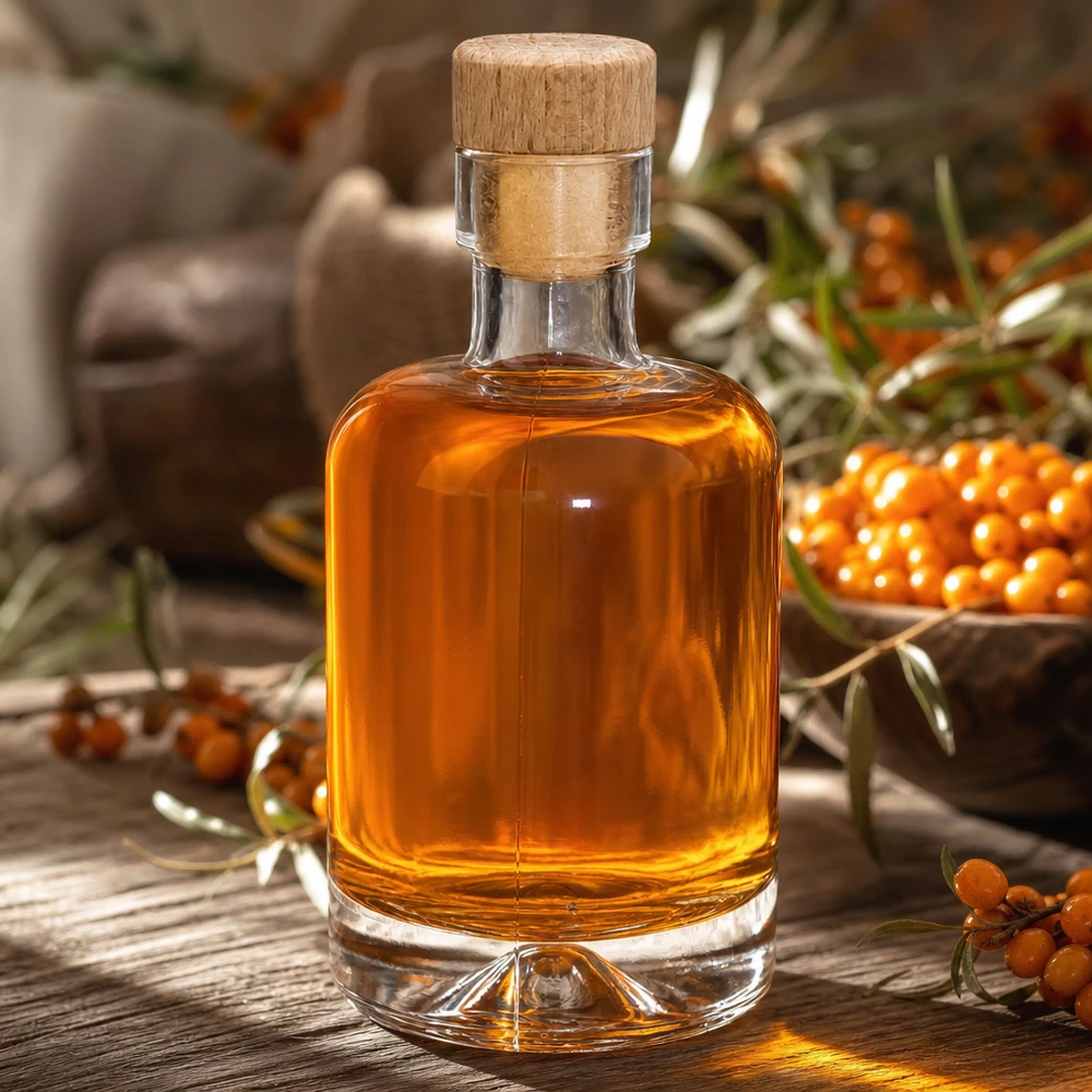 Bottiglia di vetro da 50 ml Amelie riempita con olio di olivello spinoso tra bacche di olivello spinoso di colore arancione naturalmente decorate