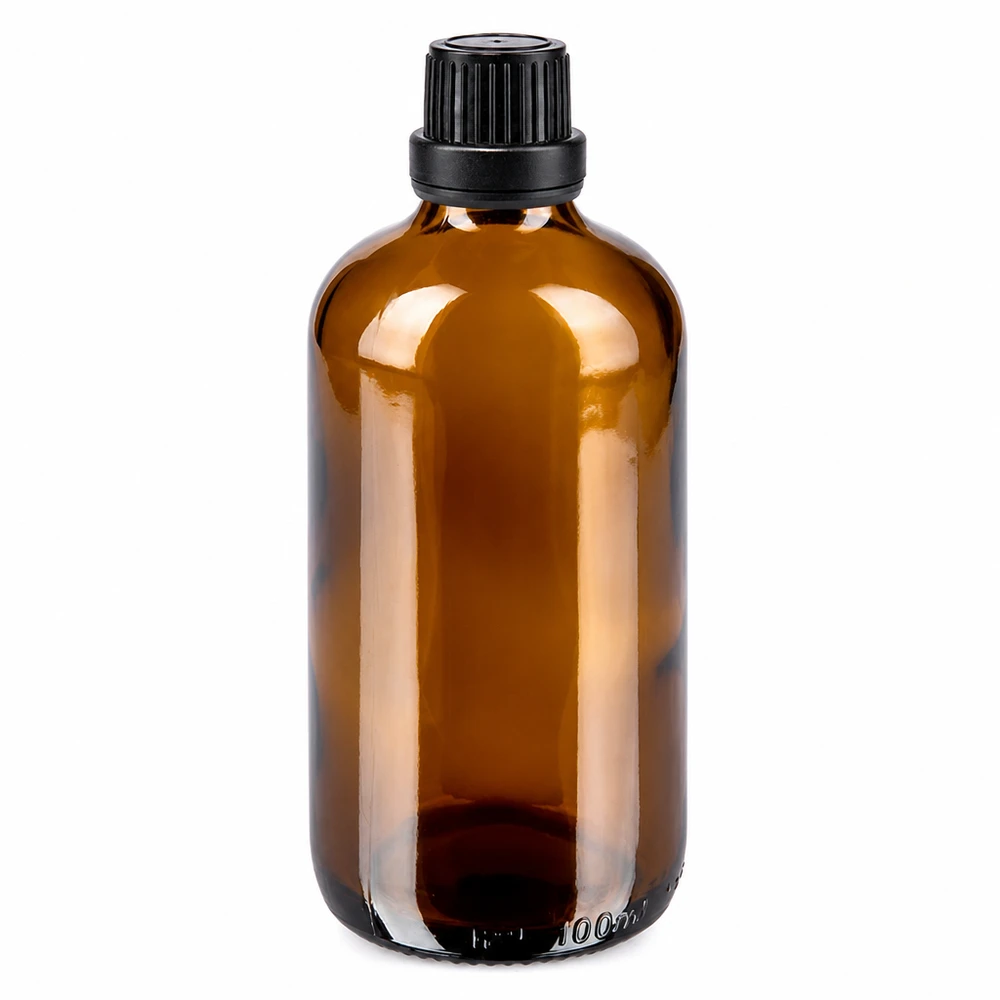 Flacone da farmacia in vetro marrone da 100 ml con tappo di sicurezza nero da 11 mm