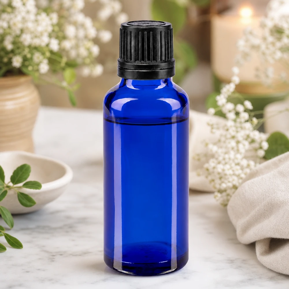 Bottiglia contagocce blu da 30ml OV nero/1mm ApoGlas Piccolo flacone da farmacia da 30 ml di colore blu con tappo a vite nero per oli essenziali