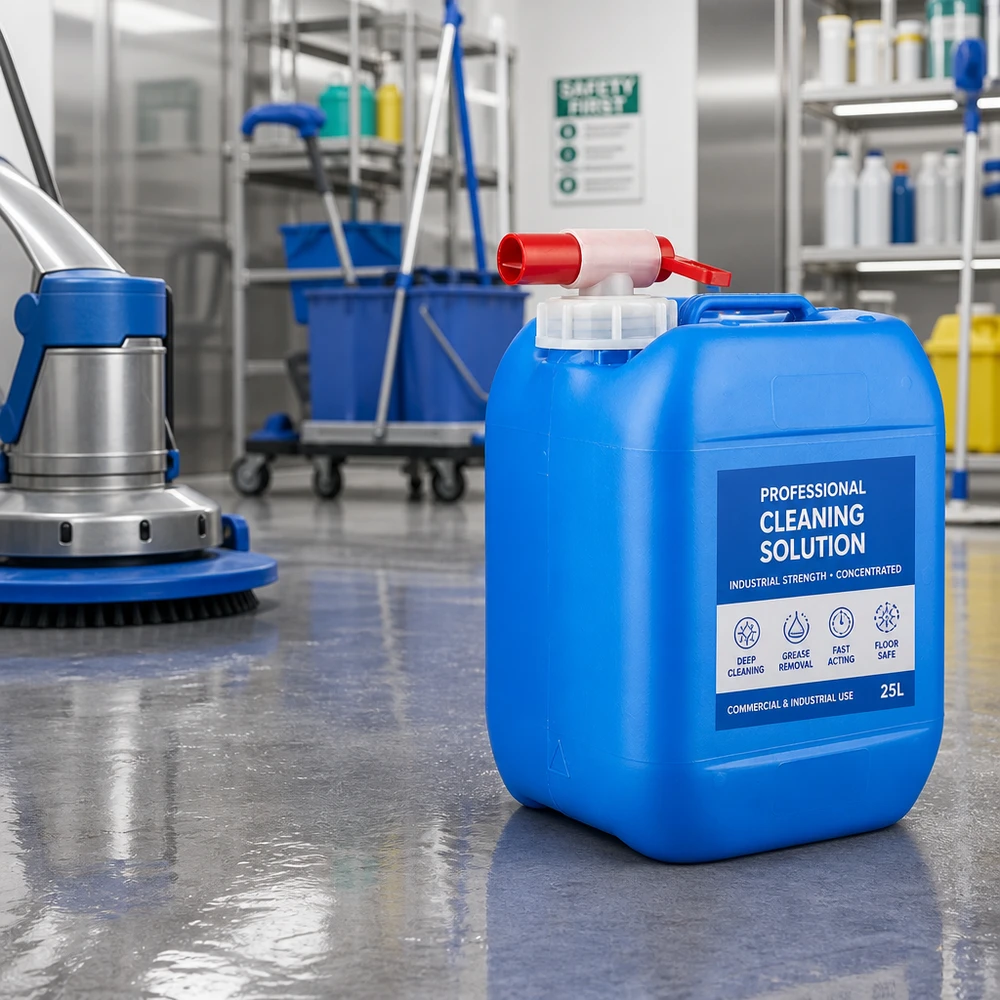 Tanica 5 litri blu con rubinetto di scarico Tanica blu da 5 litri con rubinetto di scarico su un pavimento industriale lucido accanto a una macchina per la pulizia dei pavimenti