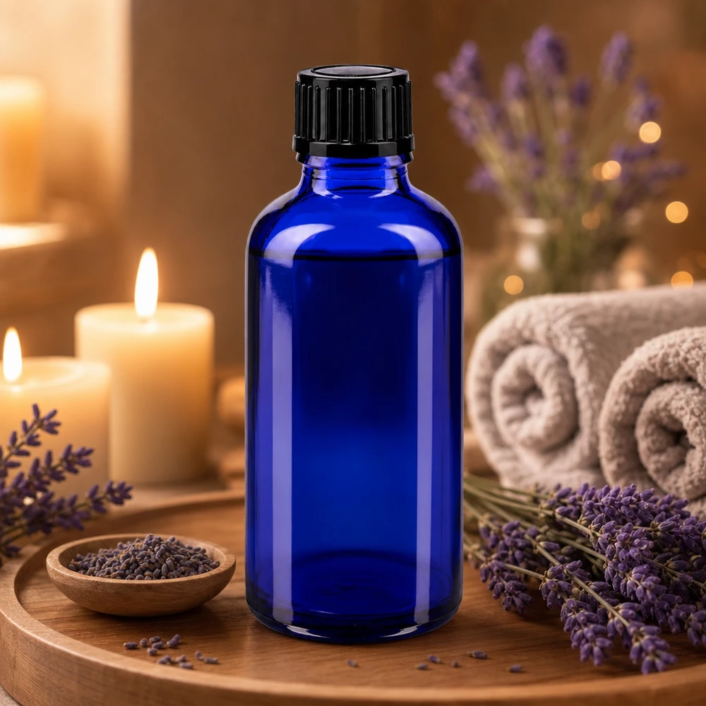 Flacone contagocce blu da 50 ml con tappo a vite nero, su vassoio di legno con decorazione alla lavanda