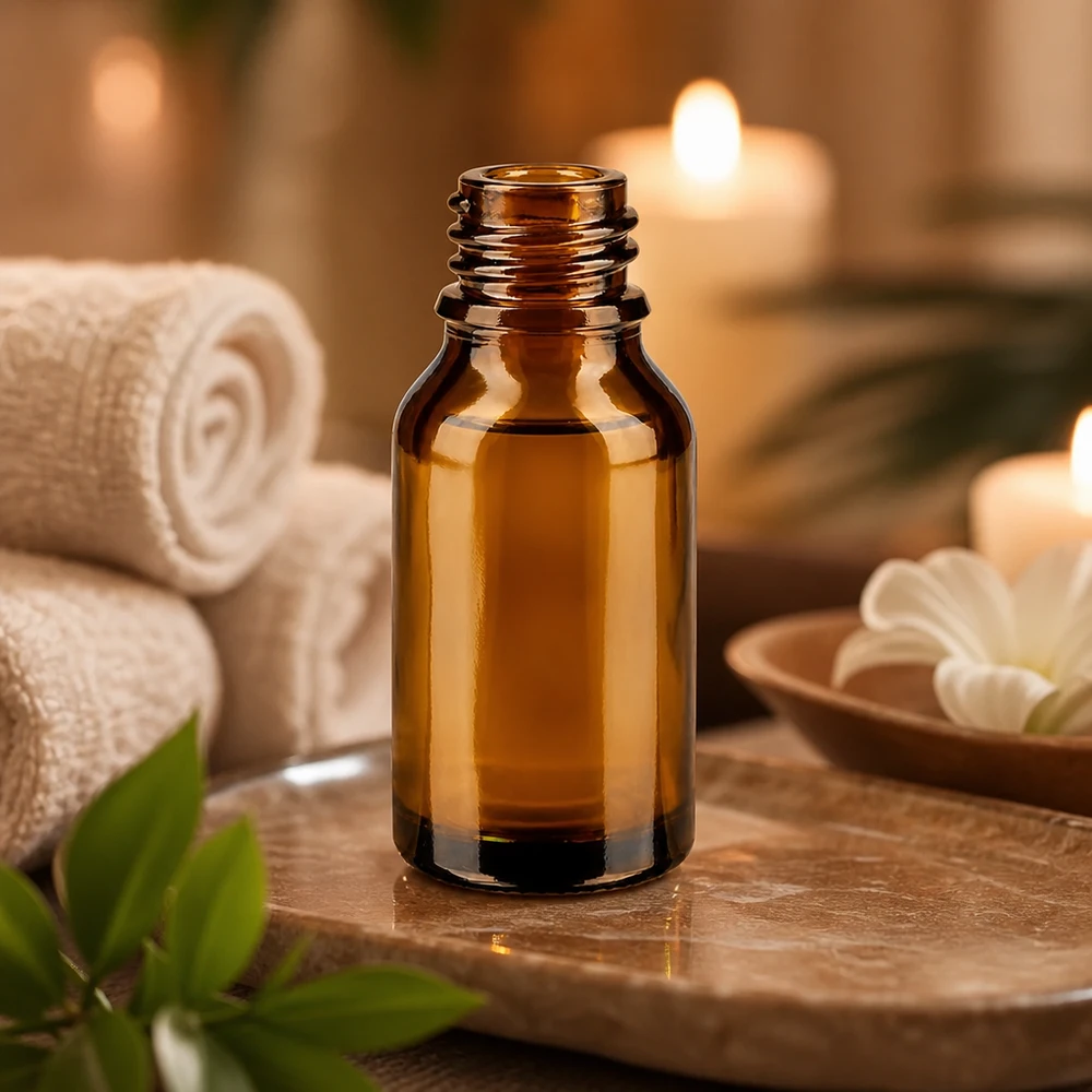 Flacone farmaceutico marrone da 15 ml ApoGlas Flacone da 15 ml marrone da farmacia ApoGlas al caldo lume di candela con asciugamani bianchi e foglie verdi Decorazione benessere