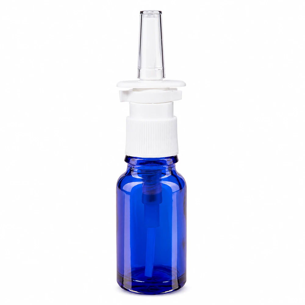 Flacone spray nasale blu 10ml bianco/tr. STD ApoGlas Flacone in vetro da farmacia blu da 10 ml con beccuccio bianco per spray nasale e ugello trasparente