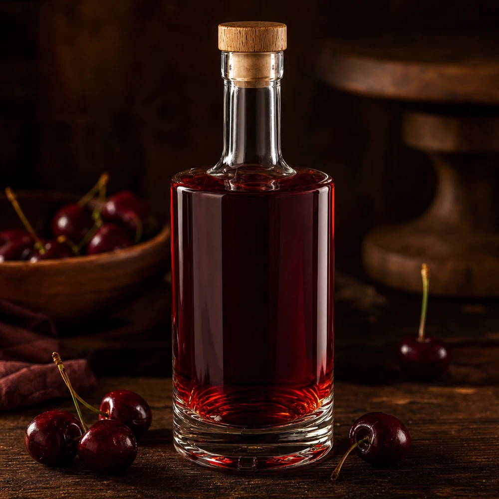 Bottiglia in vetro da 500 ml Nora con tappo in sughero con impugnatura in legno UNiTWIST® Bottiglia di vetro da 500 ml Nora riempita di liquore alla ciliegia tappo di legno rosso scuro UNiTWIST ciliegie fresche tavolo di legno rustico