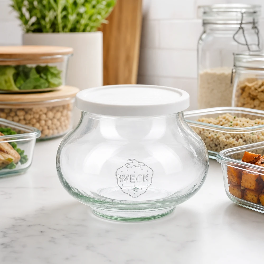 Barattolo decorativo da 560 ml con coperchio ermetico WECK RR80 WECK Vorratsglas 560ml RR80 in moderner Küche zwischen Meal-Prep Behältern und Gewürzgläsern für stylische Aufbewahrung