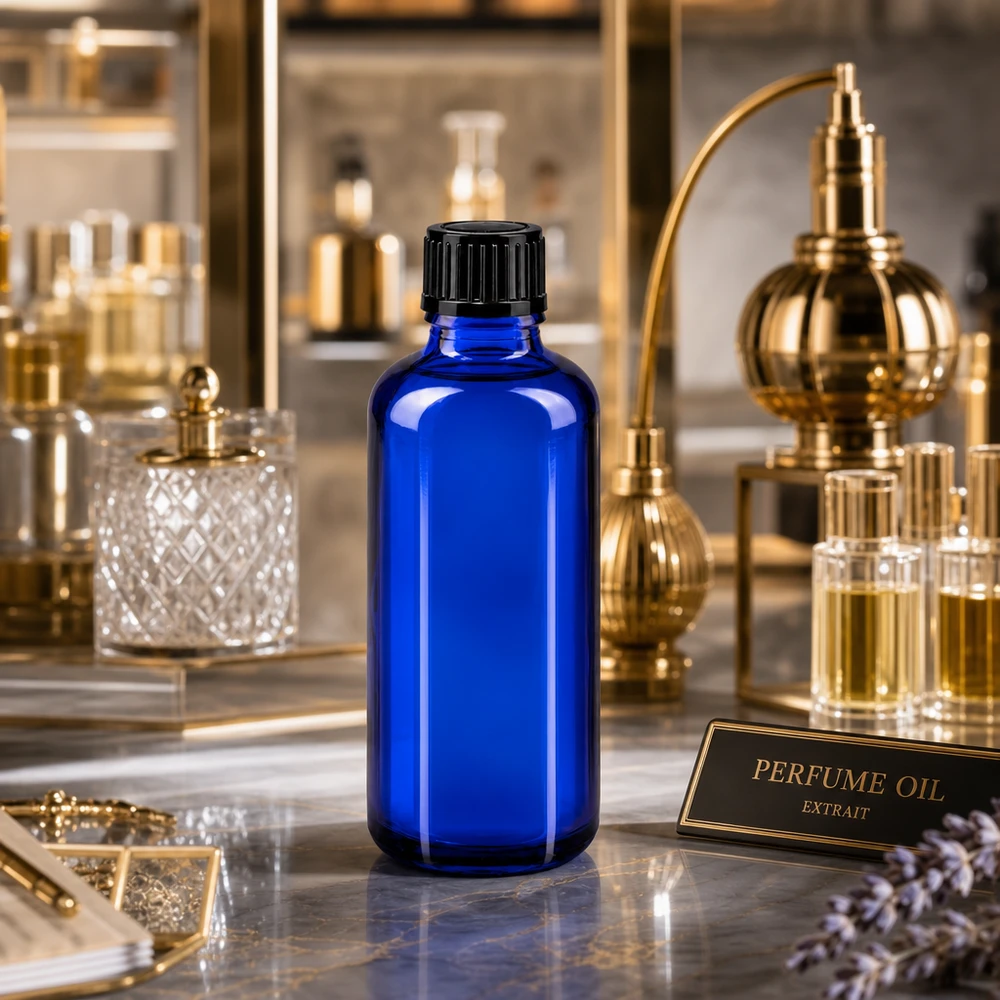 Flacone contagocce STD da 50 ml in vetro da farmacia di colore blu con tappo nero, per olio profumato “Extrait”