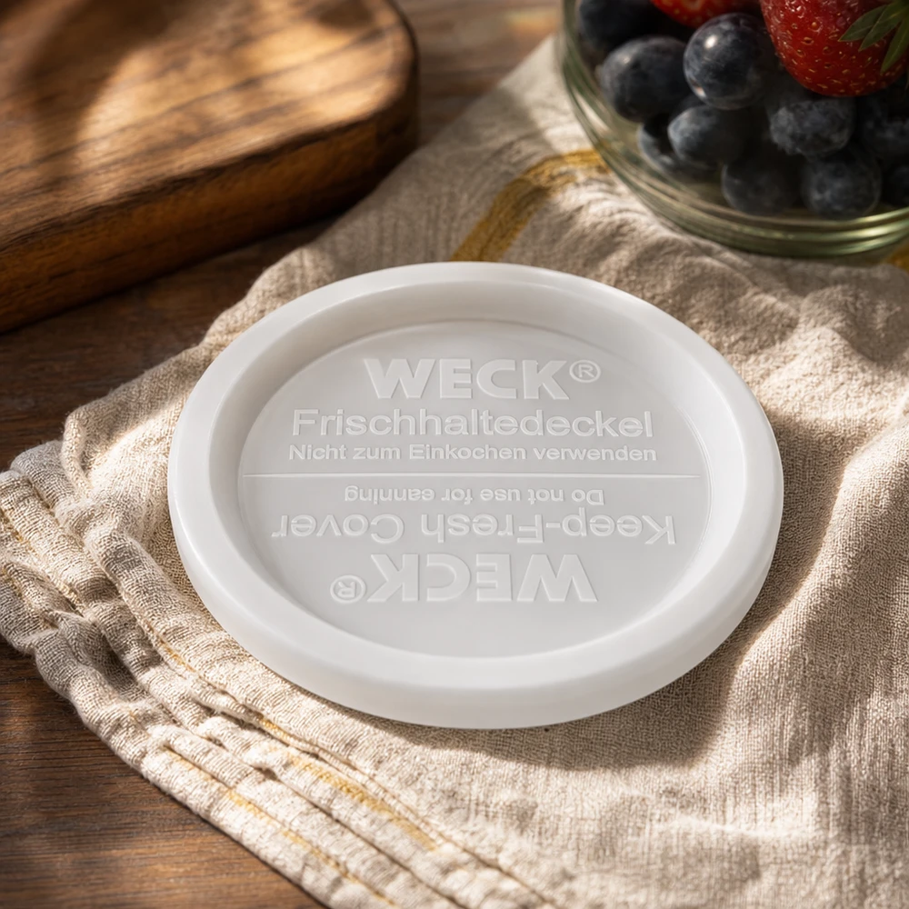 Coperchio WECK keep-fresh RR120 Stile di vita scattato su panno di lino con ciotola di bacche e tavola di legno Decorazione per la cucina