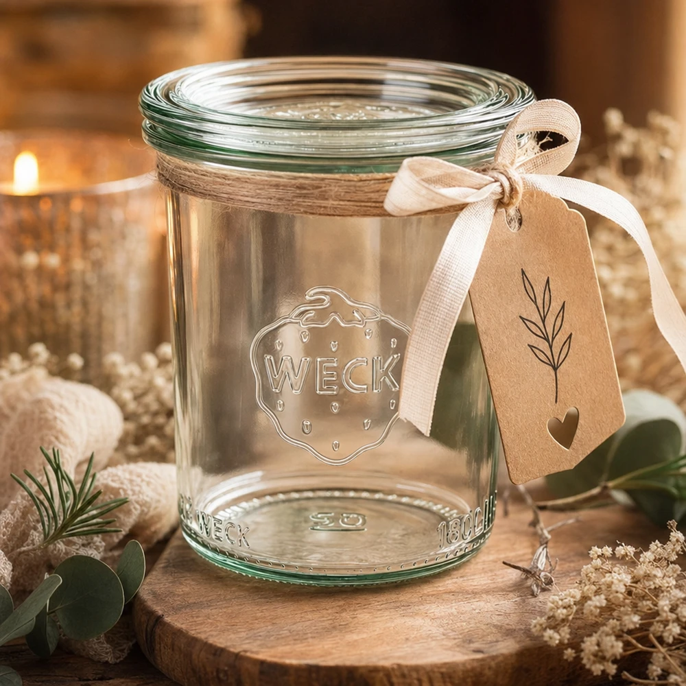 Vaso di vetro da 160 ml con coperchio in vetro WECK RR60 WECK RR60 160ml vaso di vetro in confezione regalo con etichetta e nastro in un'atmosfera accogliente con candela