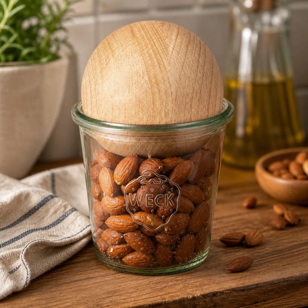 Bicchieri alti da 290 ml WECK RR80 con sfera in legno di faggio Bicchieri WECK da 290 ml RR80 con mandorle e coperchio a sfera in faggio su una tavola di legno in un ambiente di cucina naturale