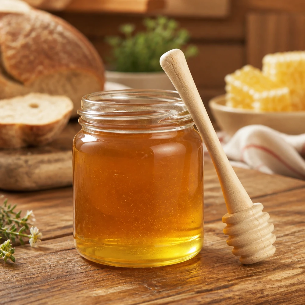 Il cucchiaio da miele in legno d'acero con vasetto di miele naturale mostra l'uso pratico in un ambiente di cucina accogliente