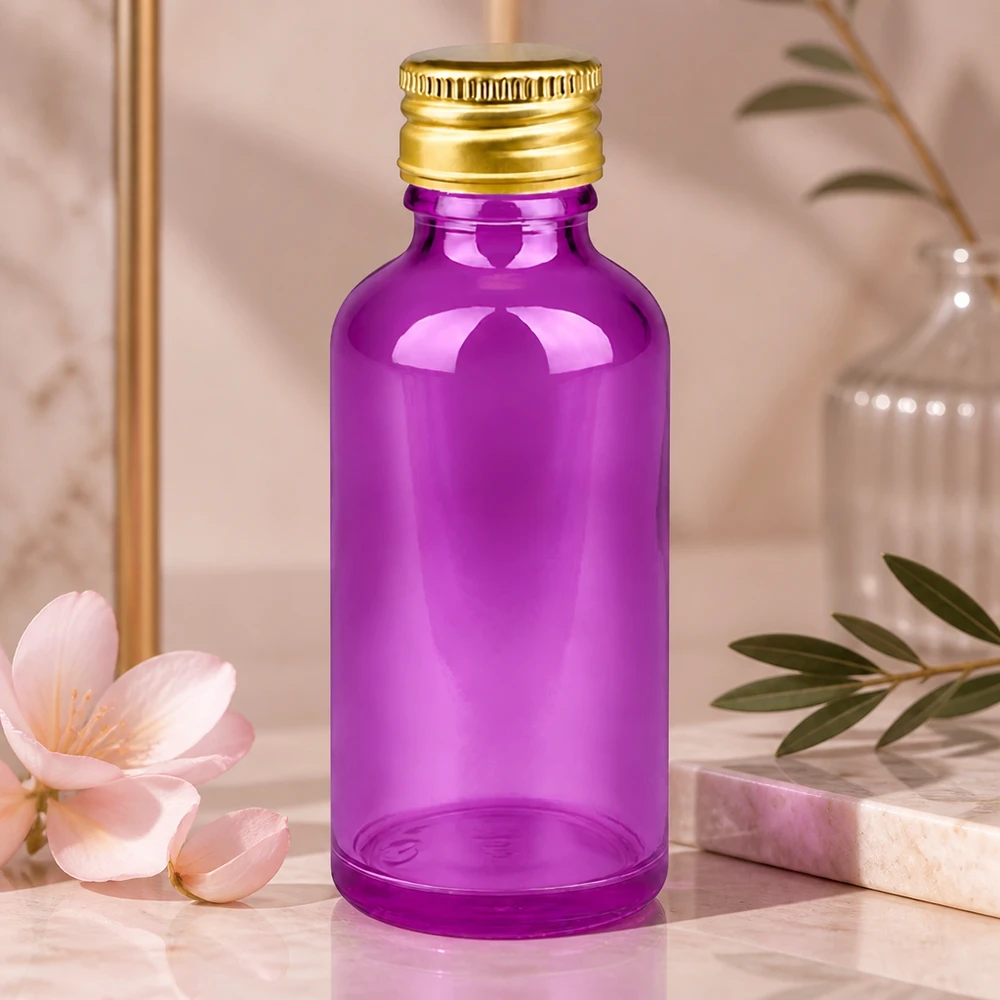 Flacone da 50ml tappo a vite 11mm alluminio oro standard PurpleLine. UT18/50 Robusto flacone in vetro da 50 ml con tappo a vite in alluminio anticorrosione di qualità superiore